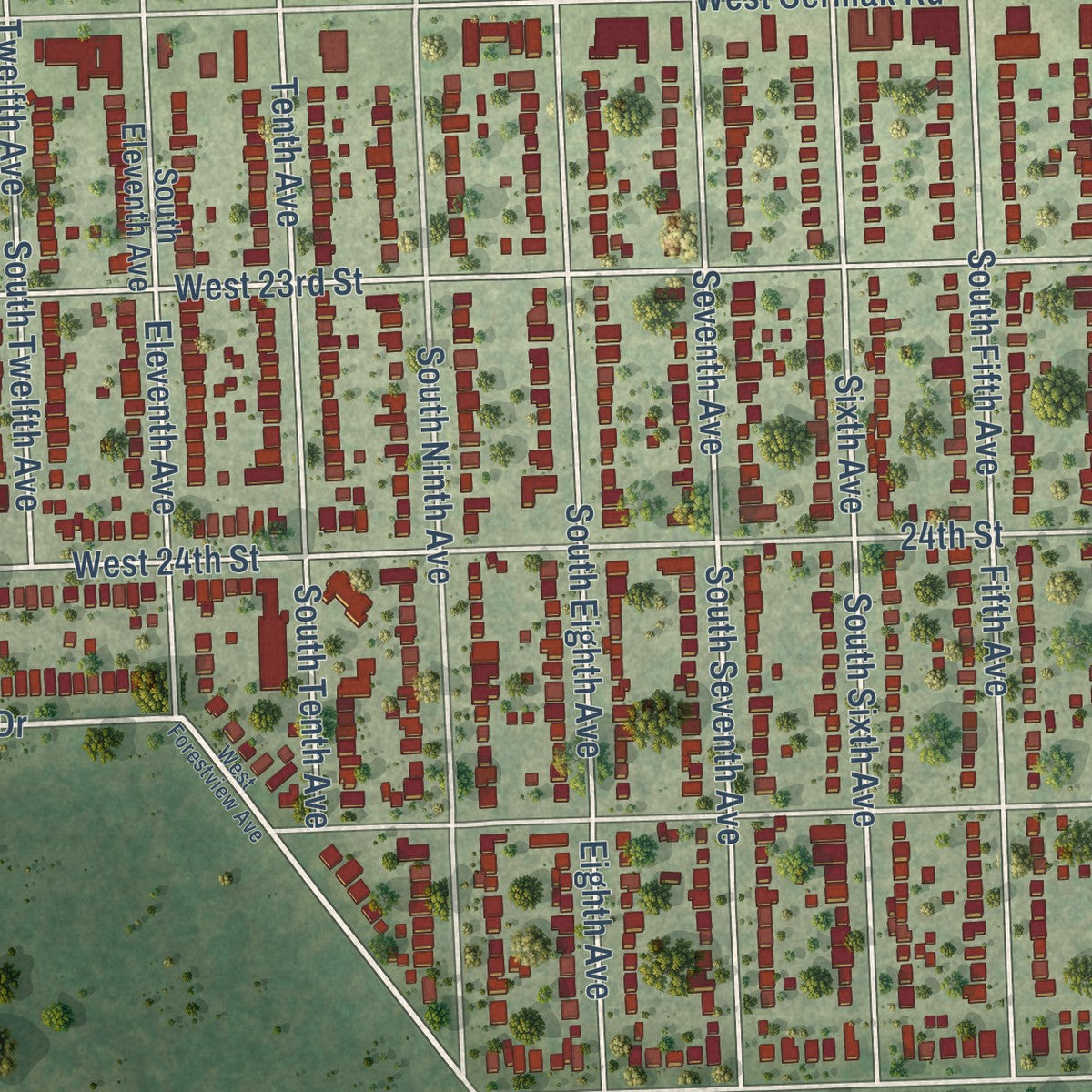 Close-up of the map of North Riverside, Illinois print showing street and building detail