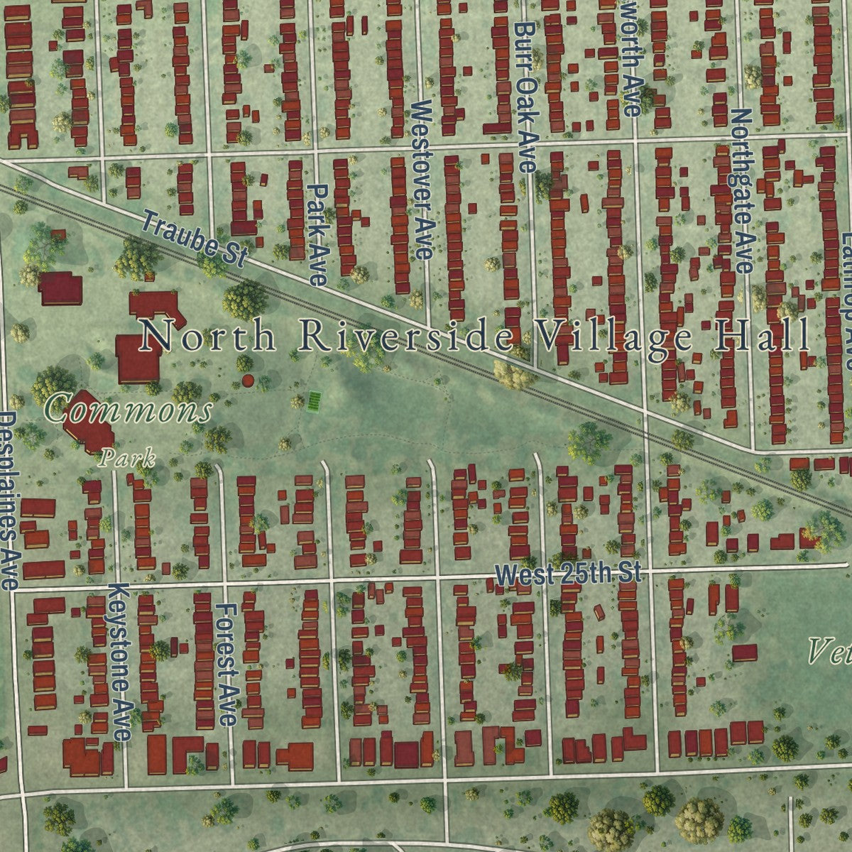 Second close-up of the map of North Riverside, Illinois print showing more streets and buildings