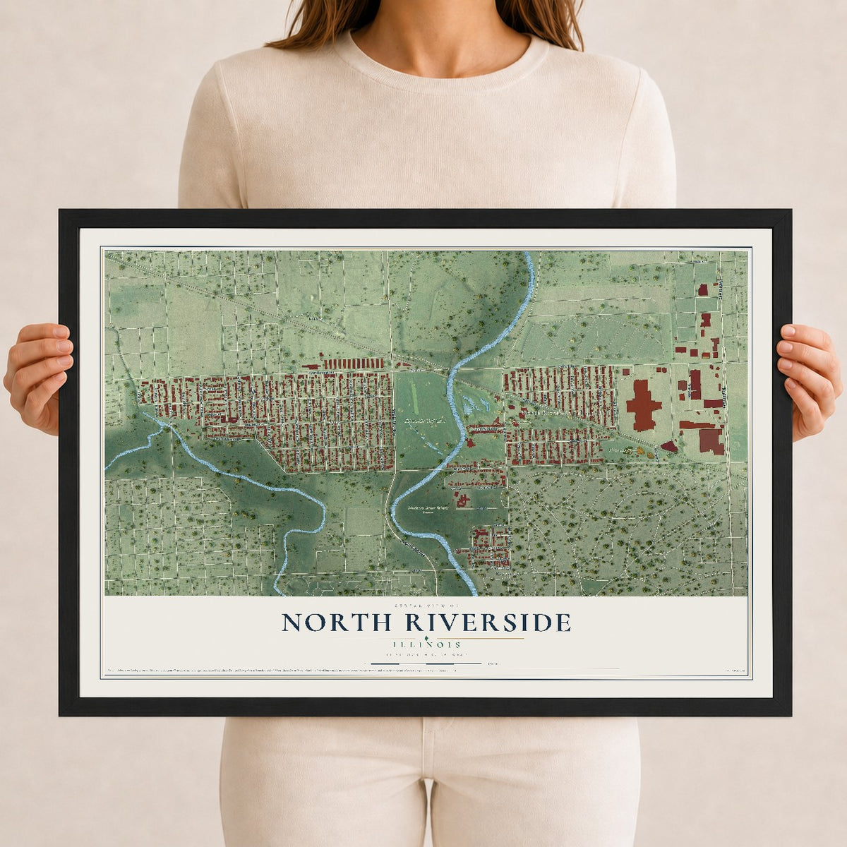 Map of North Riverside, Illinois, 12 x 18 inch print in a black wood frame