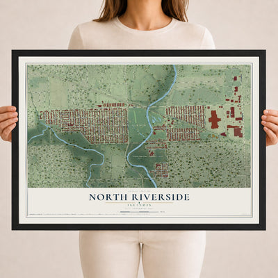 Map of North Riverside, Illinois, 18 x 24 inch print in a black wood frame