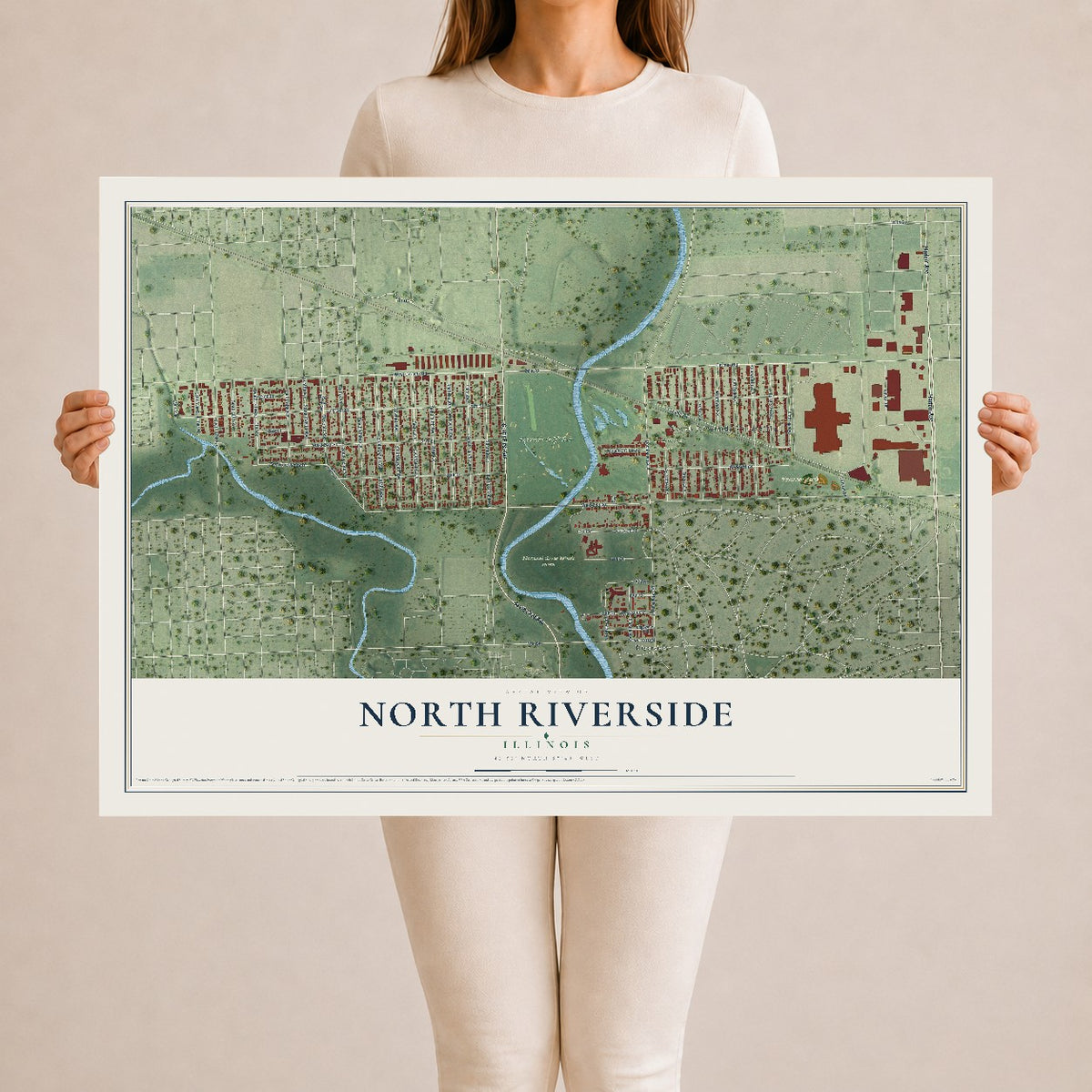 Map of North Riverside, Illinois, 24 x 36 inch unframed archival matte print