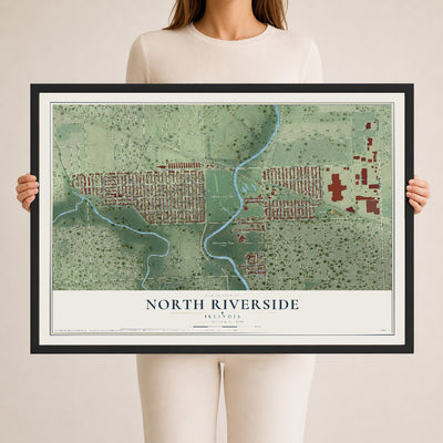 Map of North Riverside, Illinois, 24 x 36 inch print in a black wood frame