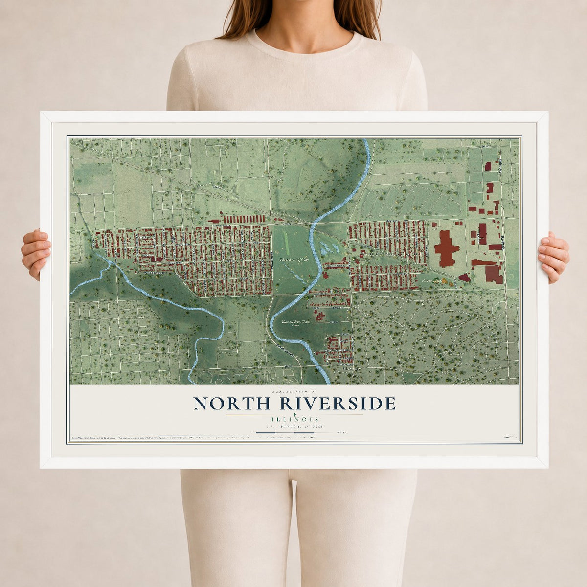 Map of North Riverside, Illinois, 24 x 36 inch print in a white wood frame