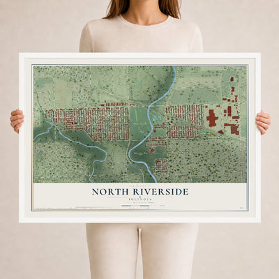 Map of North Riverside, Illinois, 24 x 36 inch print in a white wood frame