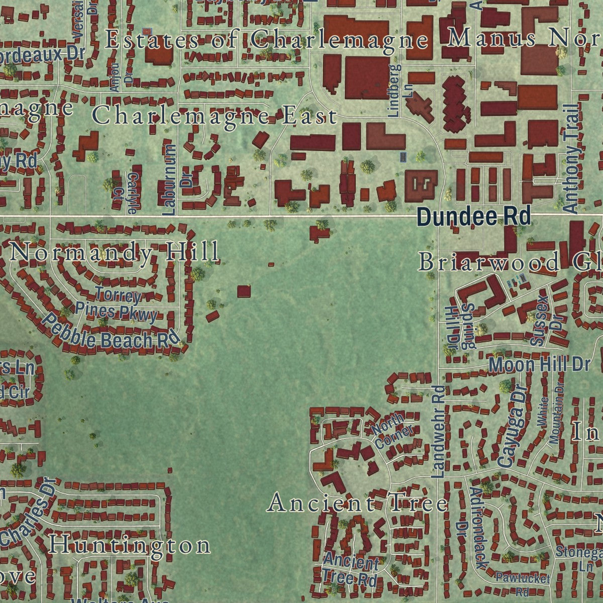 Second close-up of the map of Northbrook, Illinois print showing more streets and buildings