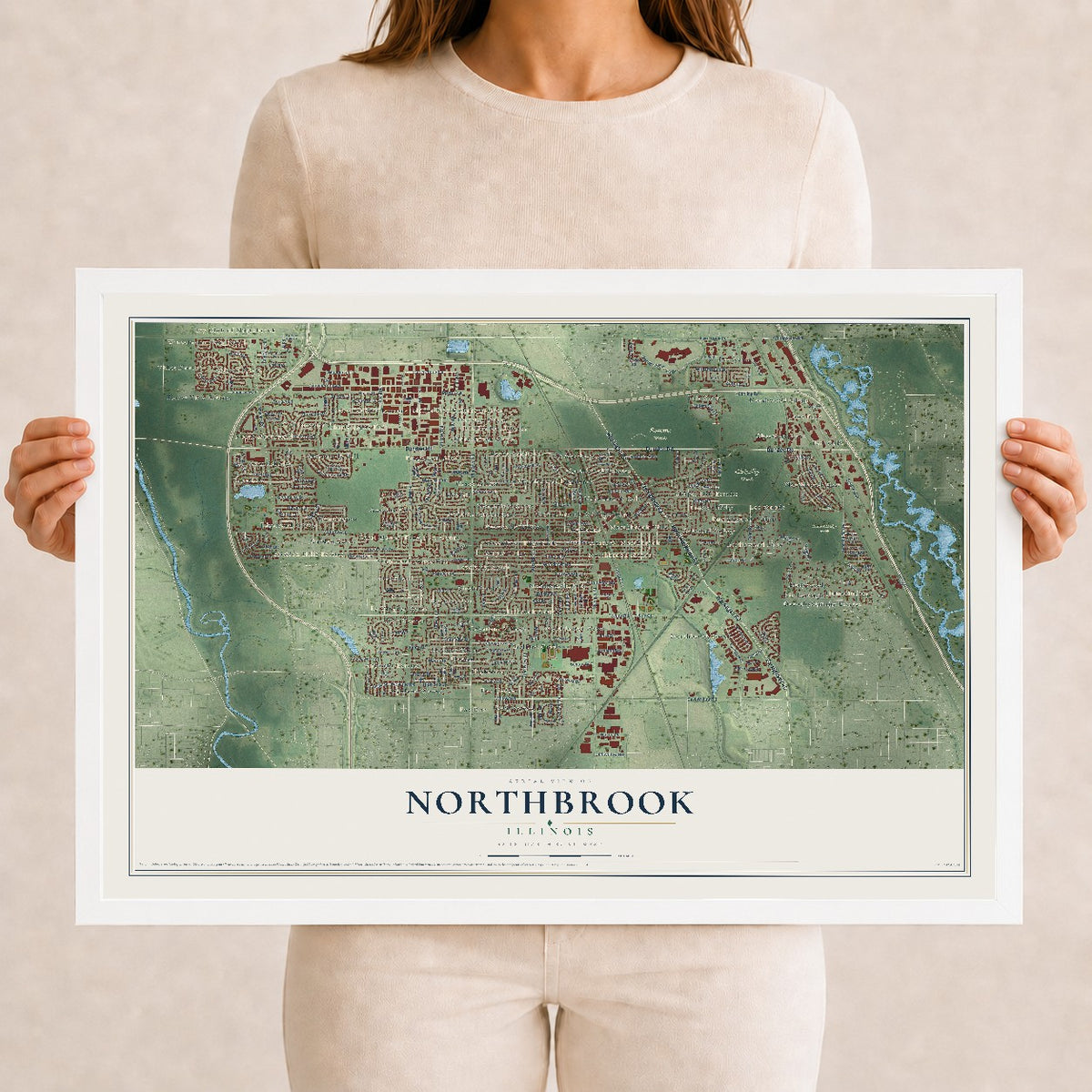 Map of Northbrook, Illinois, 12 x 18 inch print in a white wood frame
