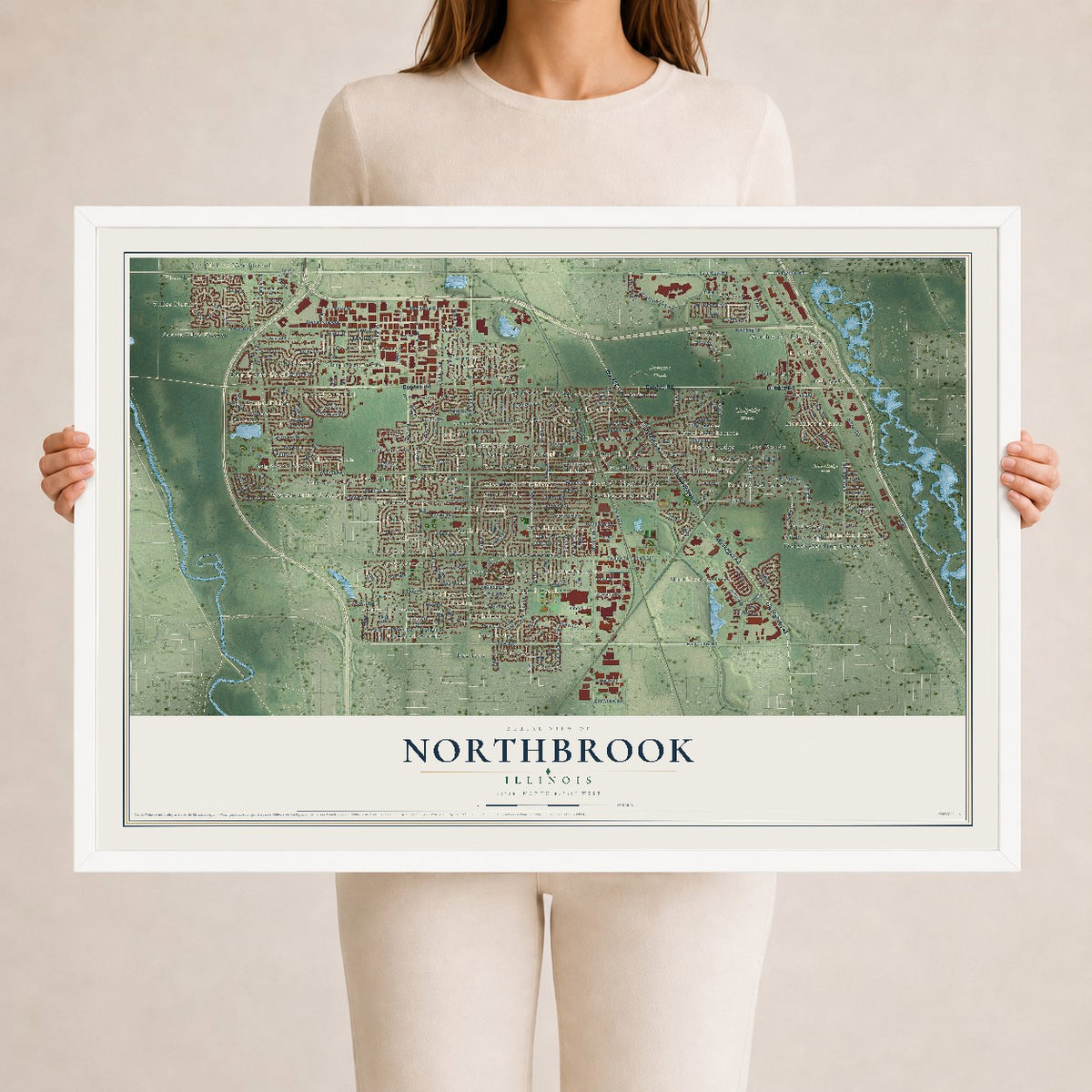 Map of Northbrook, Illinois, 24 x 36 inch print in a white wood frame