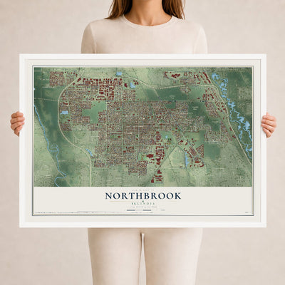Map of Northbrook, Illinois, 24 x 36 inch print in a white wood frame