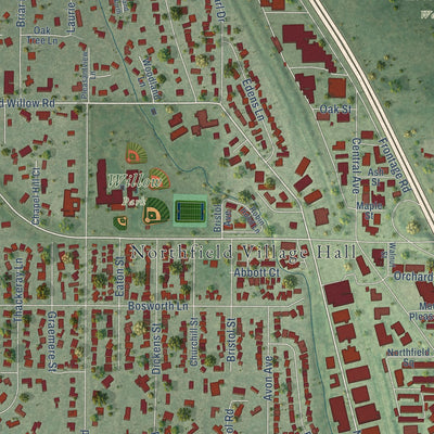 Close-up of the map of Northfield, Illinois print showing street and building detail