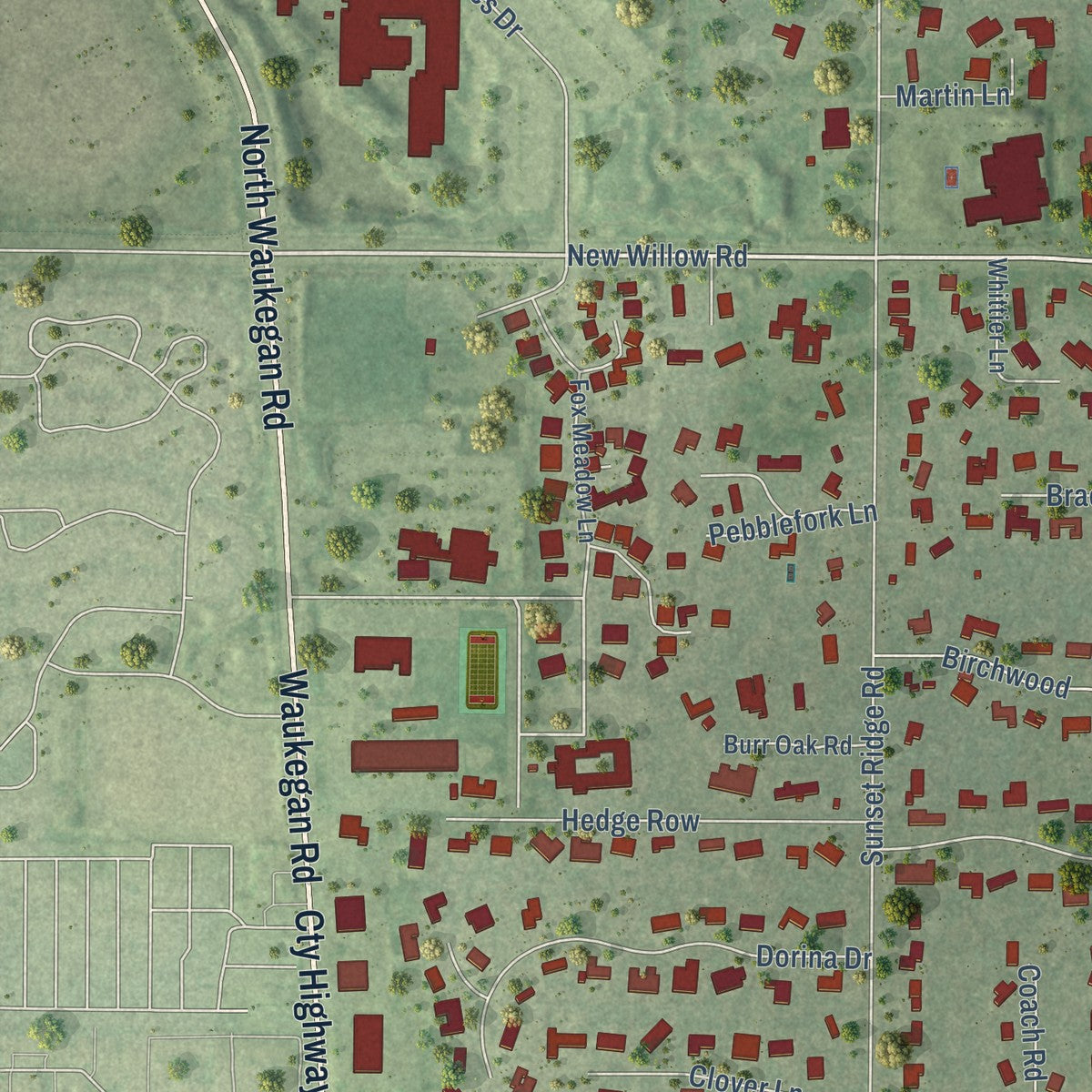 Second close-up of the map of Northfield, Illinois print showing more streets and buildings