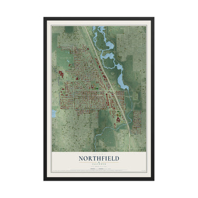 Map of Northfield, Illinois, 12 x 18 inch print in a black wood frame