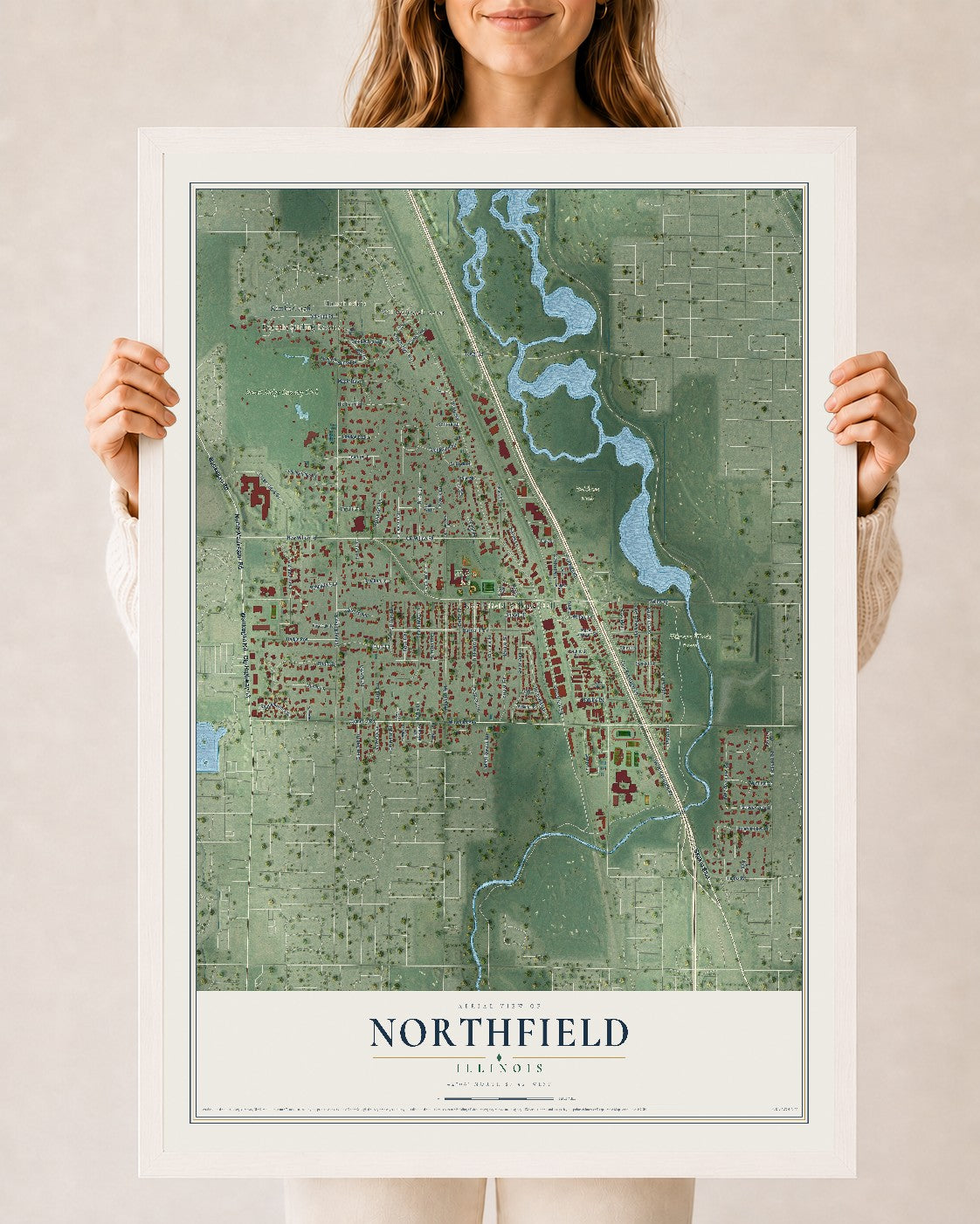Map of Northfield, Illinois, 24 x 36 inch print in a white wood frame