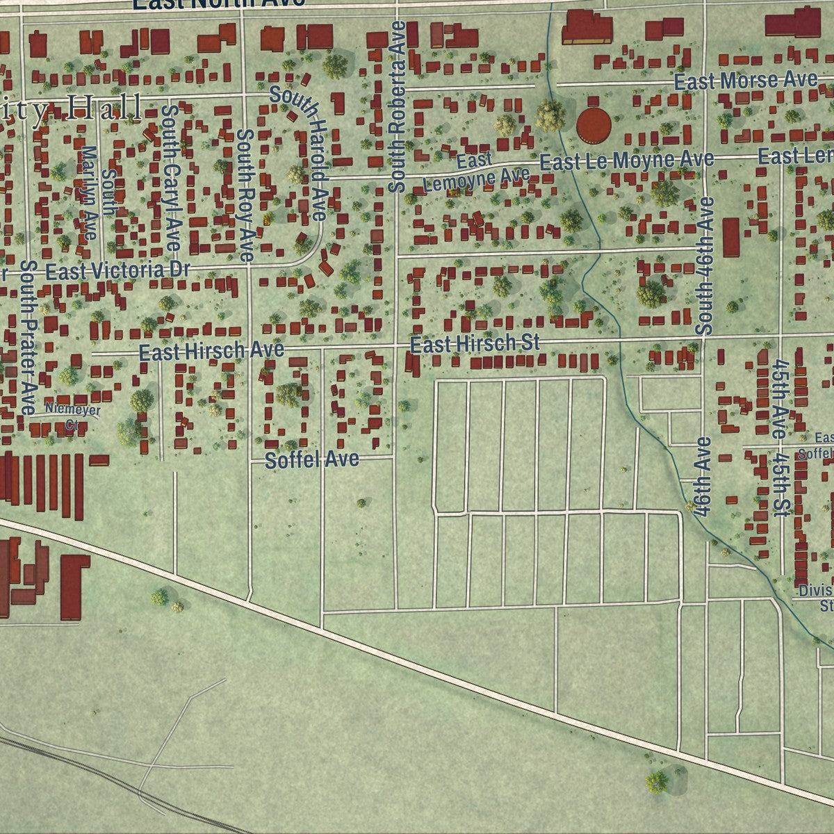 Second close-up of the map of Northlake, Illinois print showing more streets and buildings