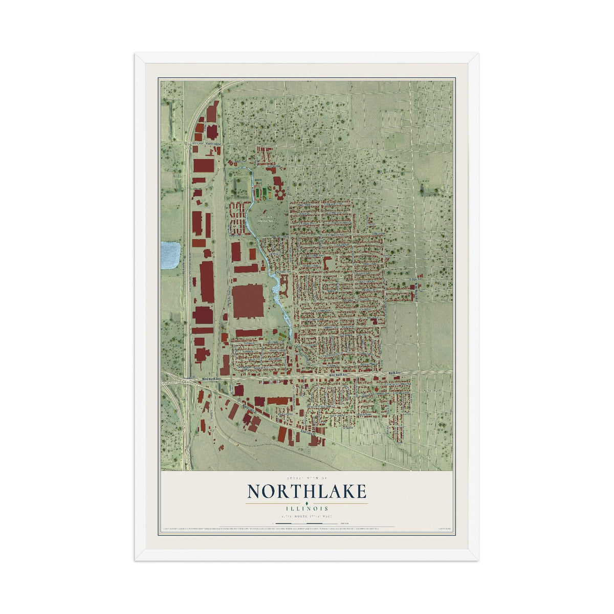 Map of Northlake, Illinois, 12 x 18 inch print in a white wood frame