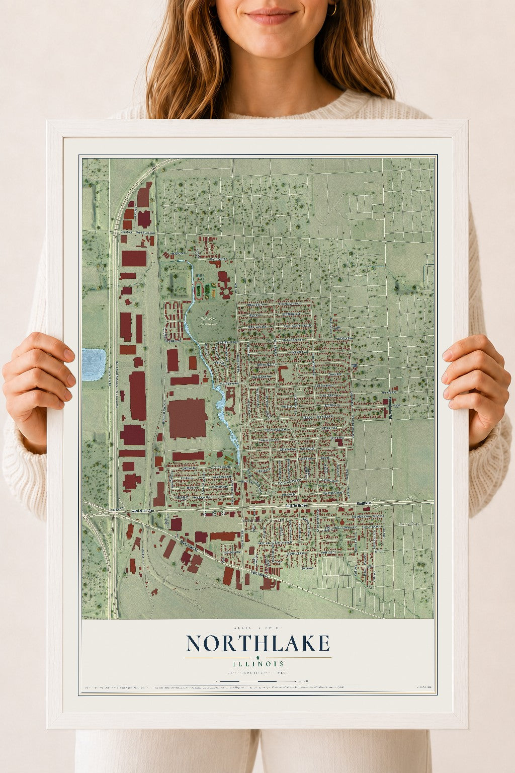 Map of Northlake, Illinois, 18 x 24 inch print in a white wood frame