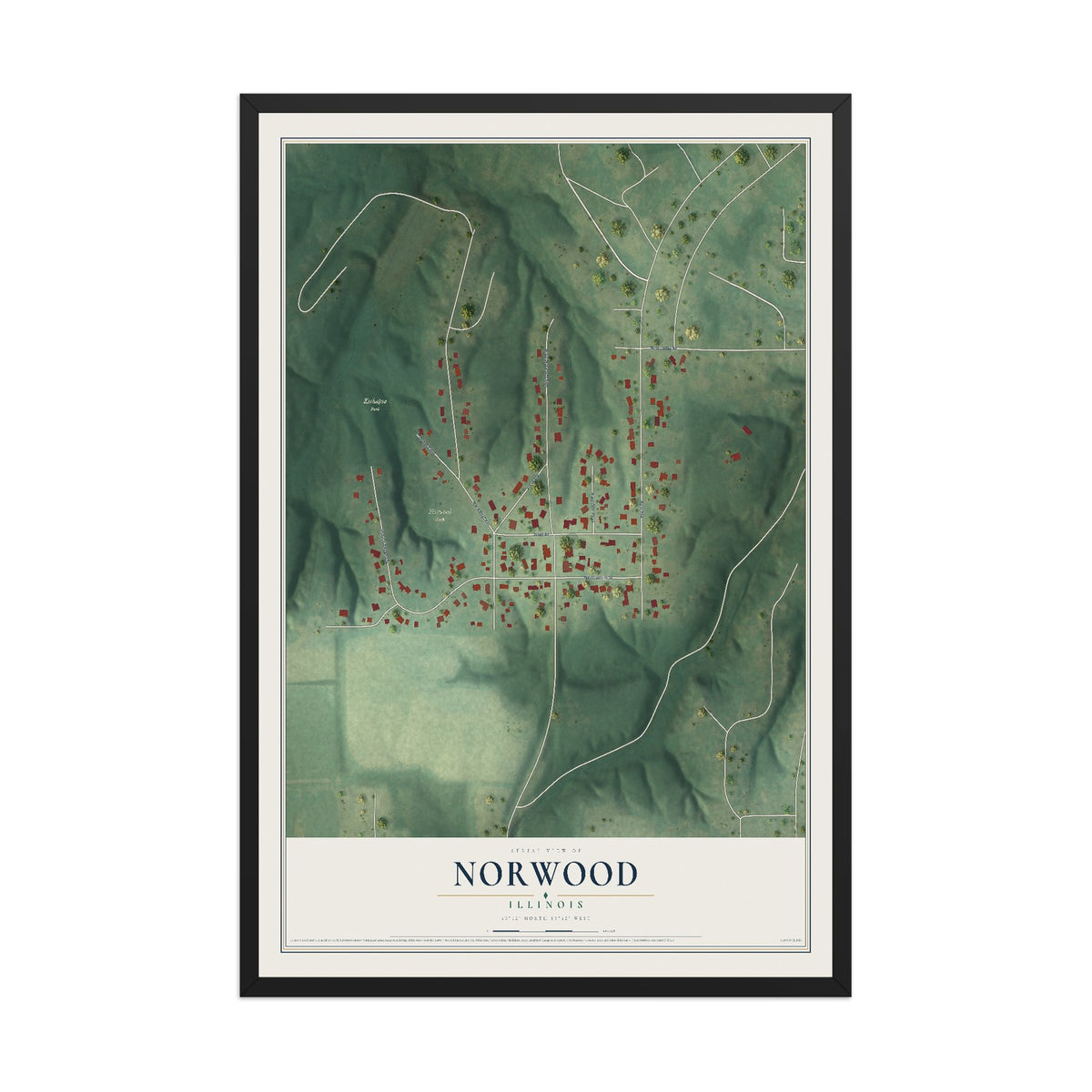 Map of Norwood, Illinois, 12 x 18 inch print in a black wood frame