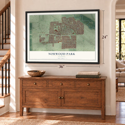 Norwood Park, Illinois map, 24 x 36 inch print in a black frame above a dresser by a staircase