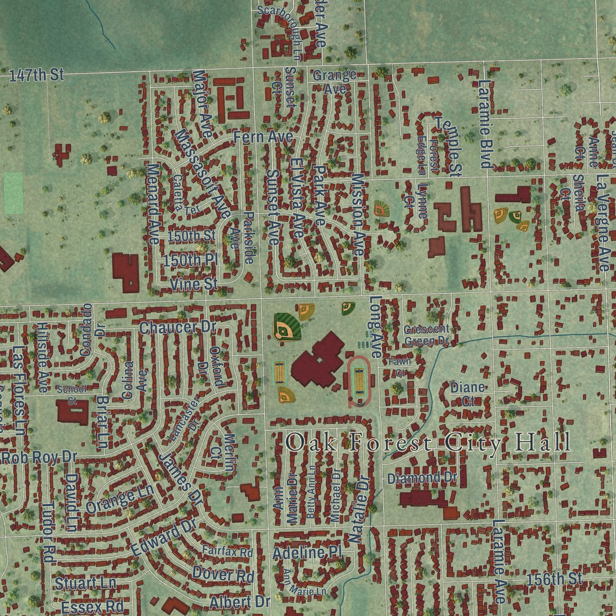 Close-up of the map of Oak Forest, Illinois print showing street and building detail