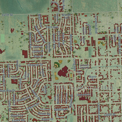 Close-up of the map of Oak Forest, Illinois print showing street and building detail
