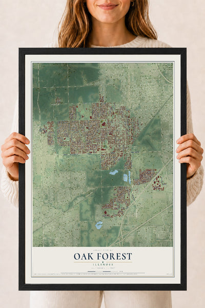 Map of Oak Forest, Illinois, 18 x 24 inch print in a black wood frame