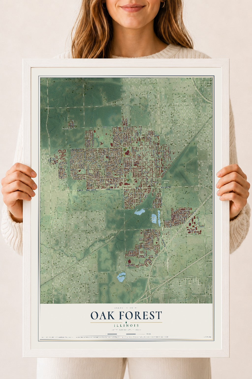 Map of Oak Forest, Illinois, 18 x 24 inch print in a white wood frame