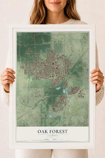 Map of Oak Forest, Illinois, 18 x 24 inch print in a white wood frame