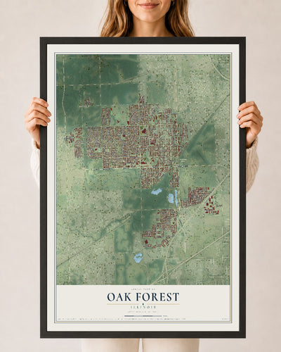 Map of Oak Forest, Illinois, 24 x 36 inch print in a black wood frame