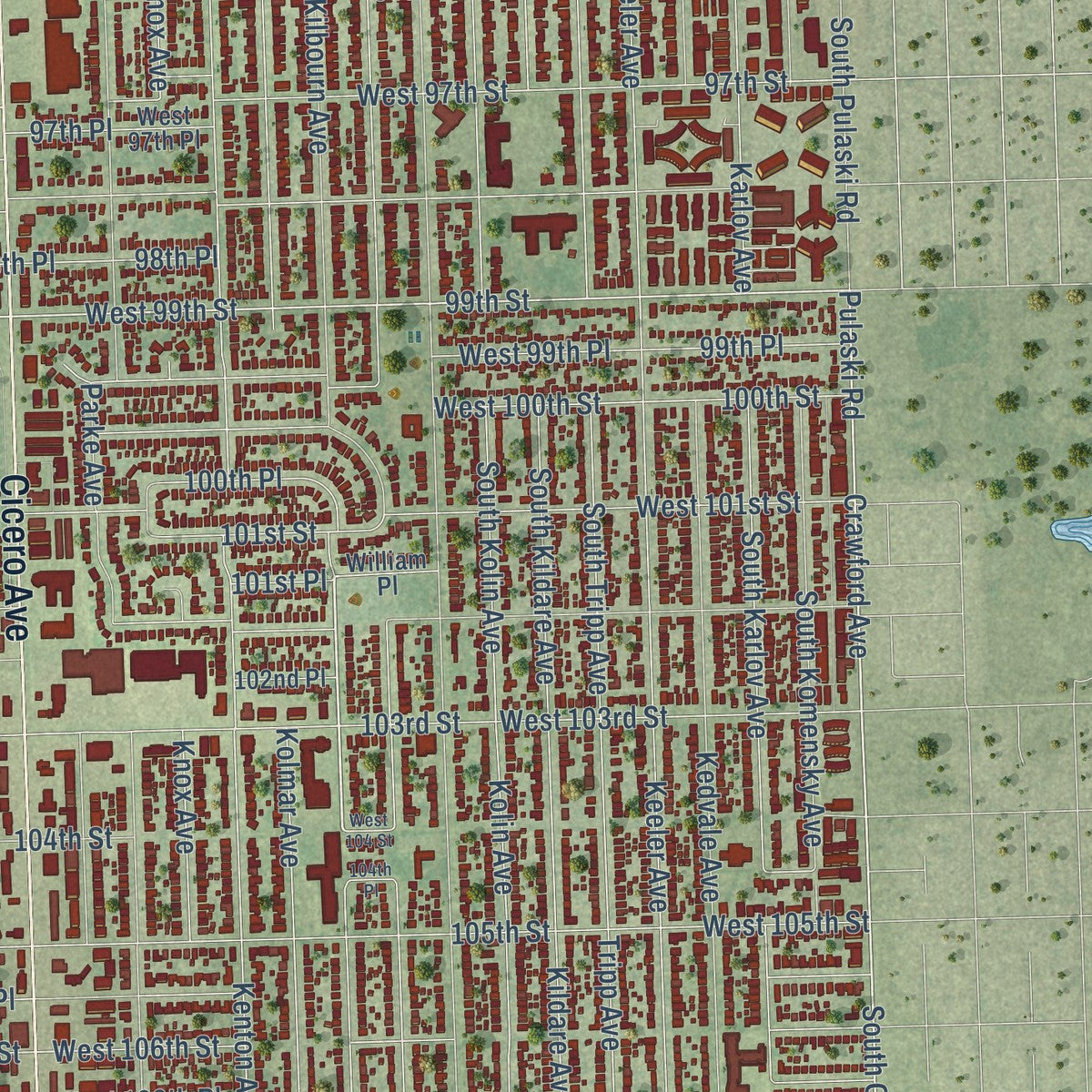 Second close-up of the map of Oak Lawn, Illinois print showing more streets and buildings