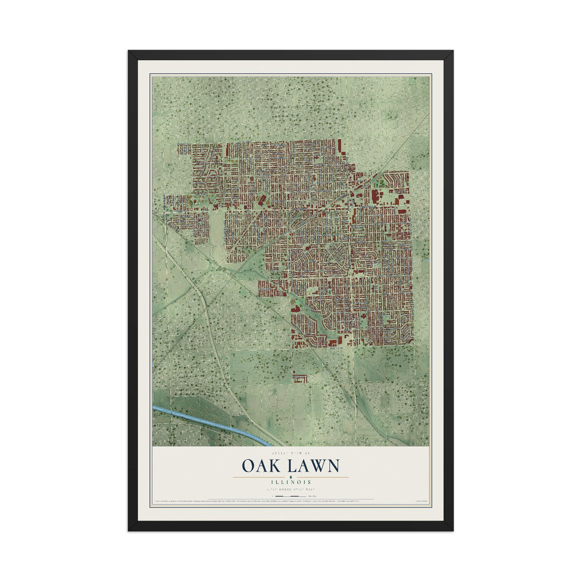 Map of Oak Lawn, Illinois, 12 x 18 inch print in a black wood frame