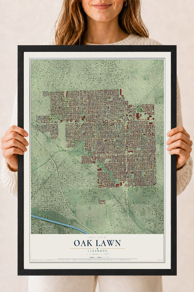 Map of Oak Lawn, Illinois, 18 x 24 inch print in a black wood frame