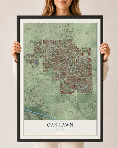 Map of Oak Lawn, Illinois, 24 x 36 inch print in a black wood frame