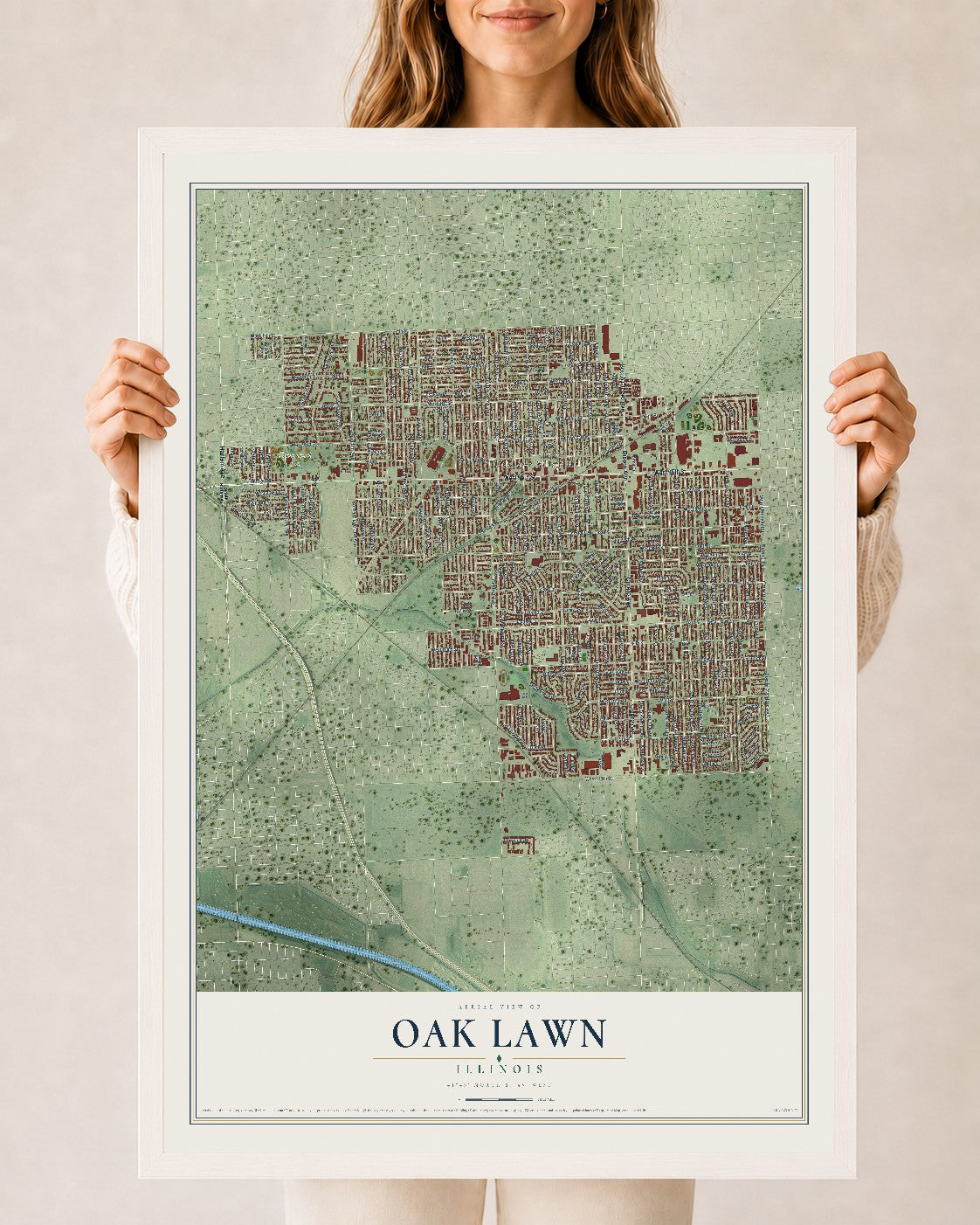 Map of Oak Lawn, Illinois, 24 x 36 inch print in a white wood frame