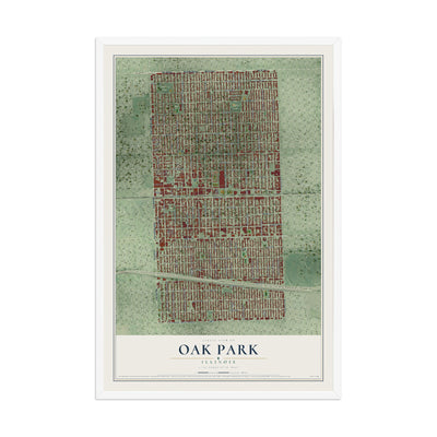 Map of Oak Park, Illinois, 12 x 18 inch print in a white wood frame
