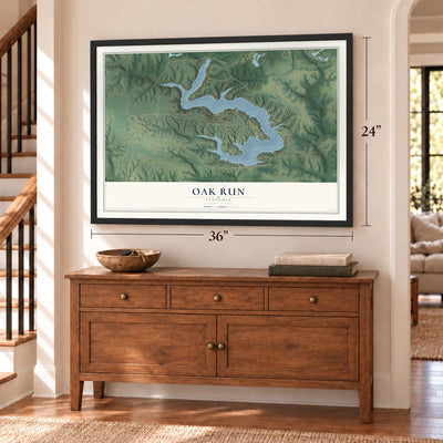 Oak Run, Illinois map, 24 x 36 inch print in a black frame above a dresser by a staircase