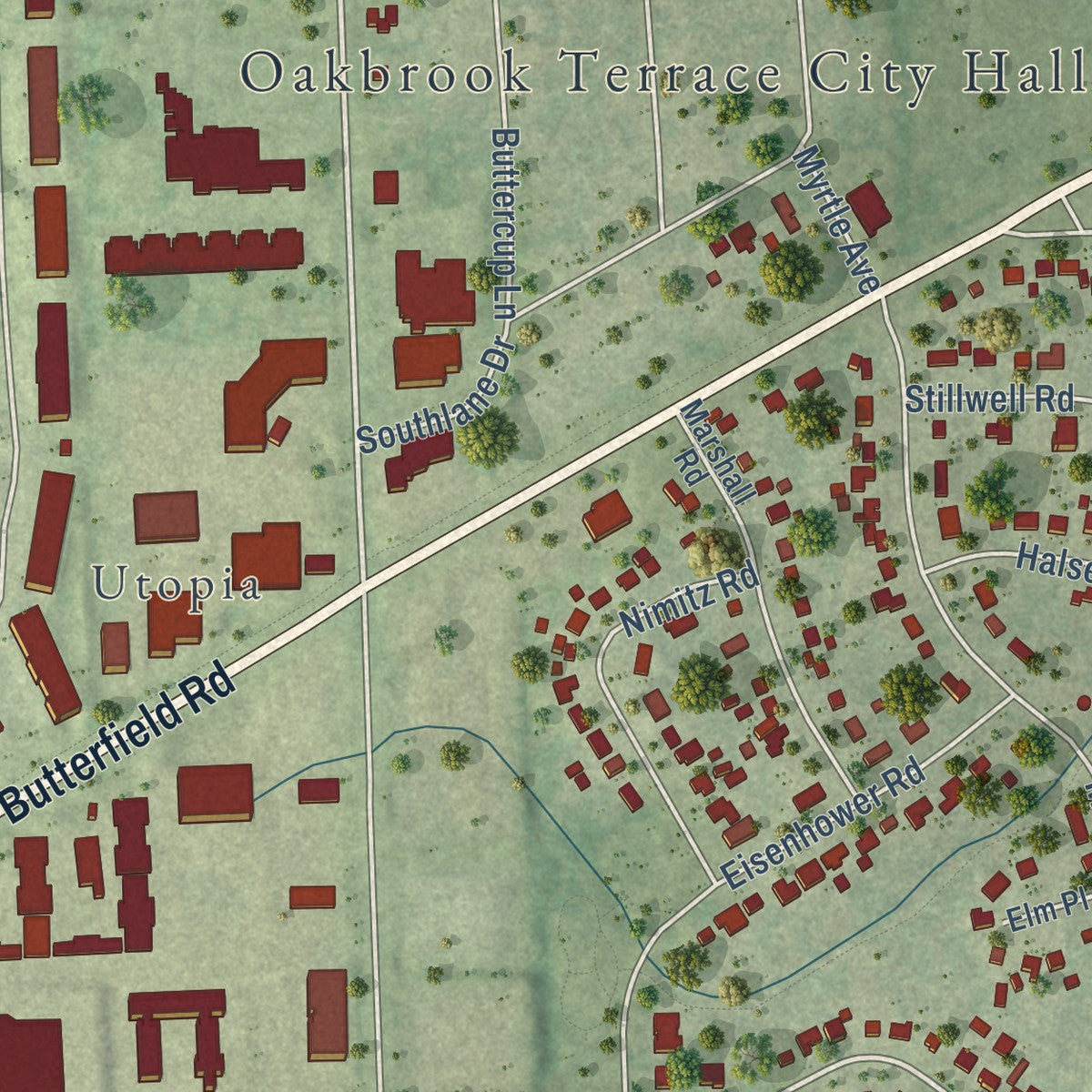 Close-up of the map of Oakbrook Terrace, Illinois print showing street and building detail
