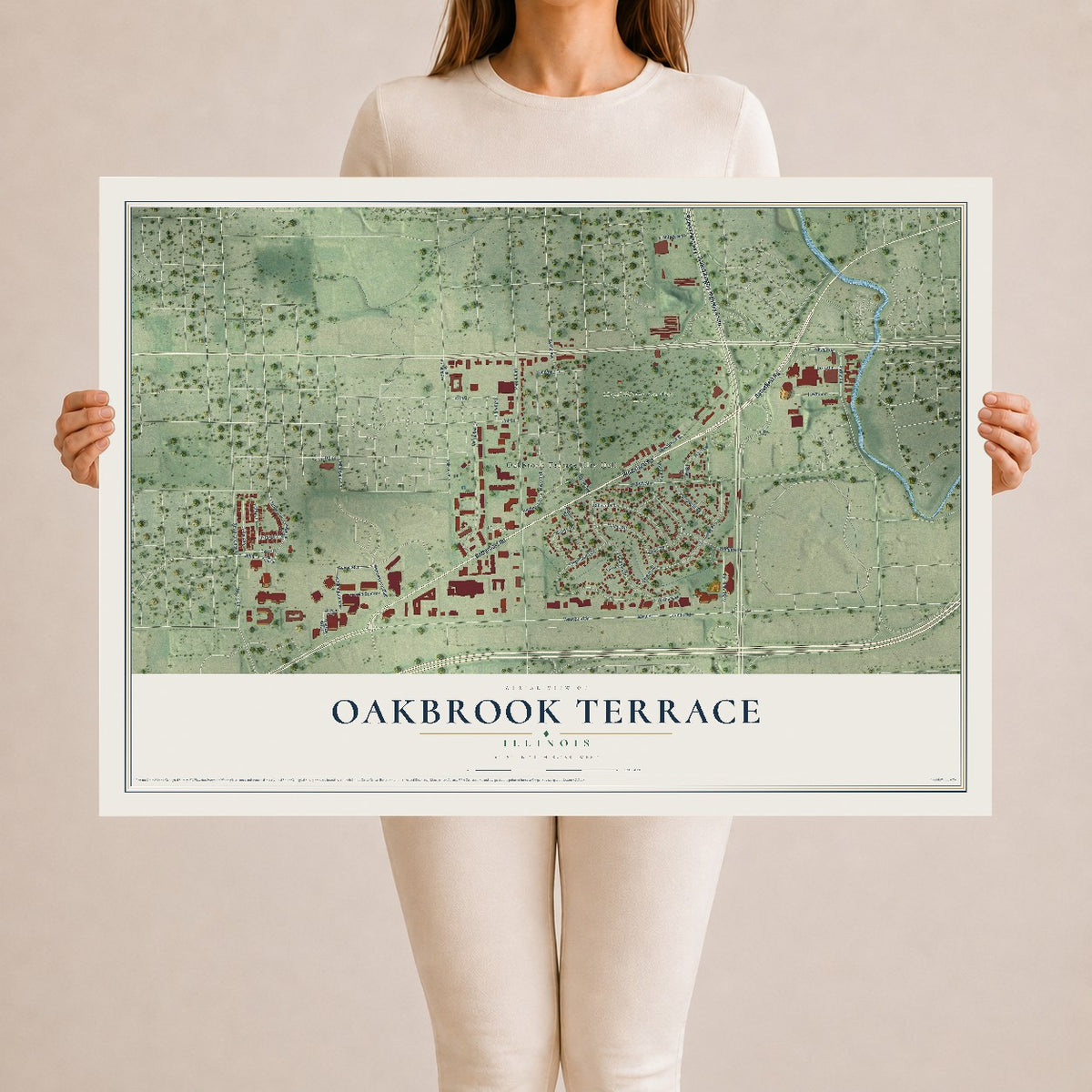 Map of Oakbrook Terrace, Illinois, 24 x 36 inch unframed archival matte print