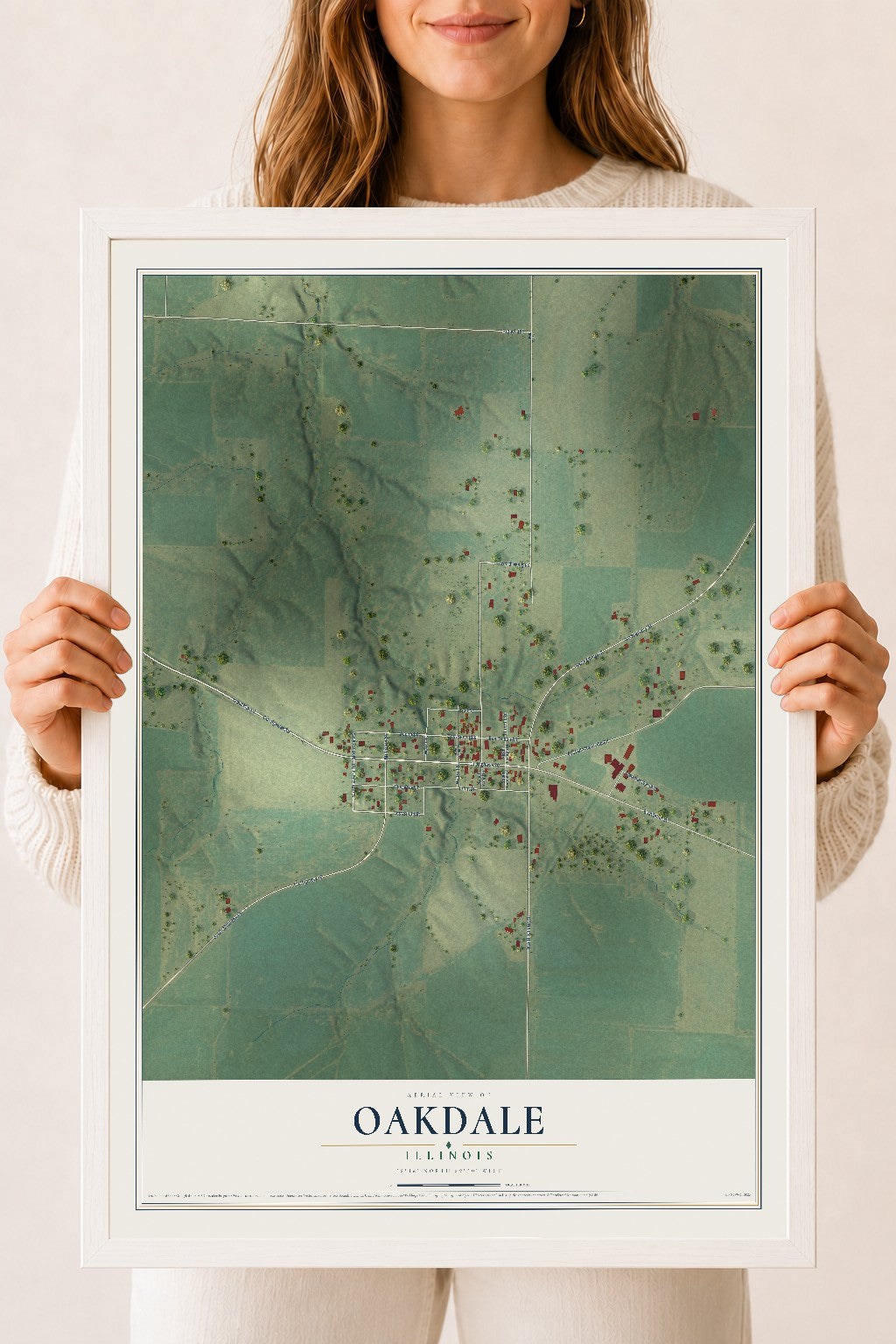 Map of Oakdale, Illinois, 18 x 24 inch print in a white wood frame