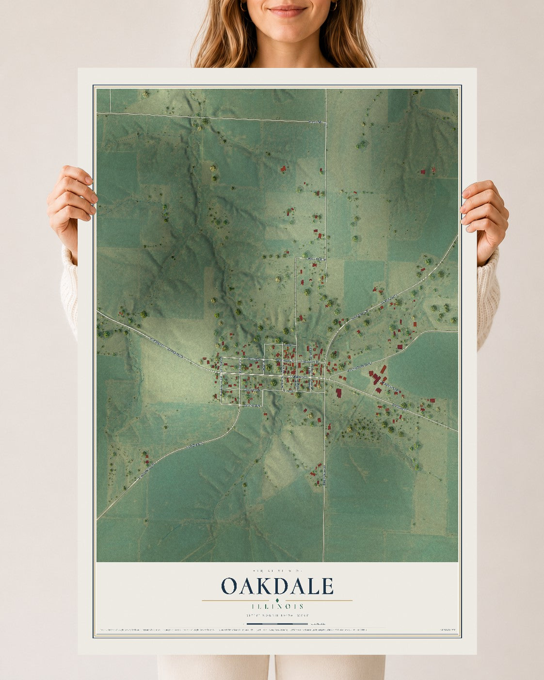 Map of Oakdale, Illinois, 24 x 36 inch unframed archival matte print