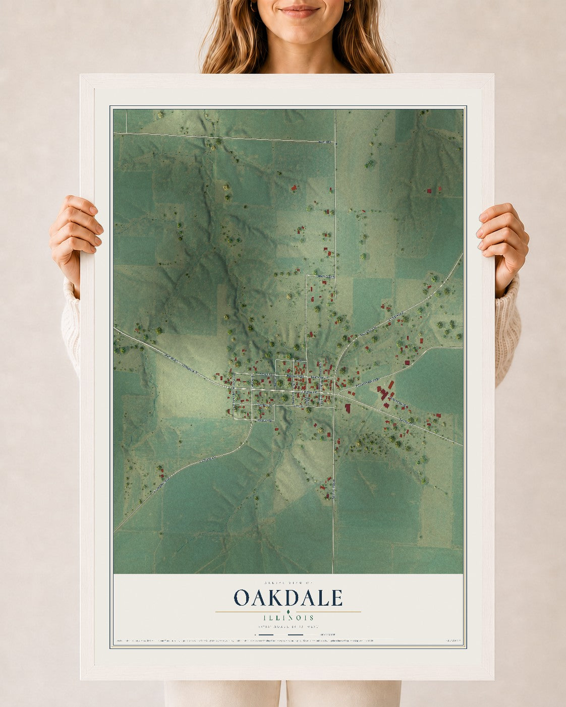 Map of Oakdale, Illinois, 24 x 36 inch print in a white wood frame
