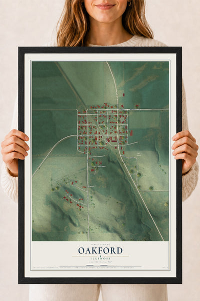 Map of Oakford, Illinois, 18 x 24 inch print in a black wood frame