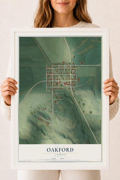 Map of Oakford, Illinois, 18 x 24 inch print in a white wood frame