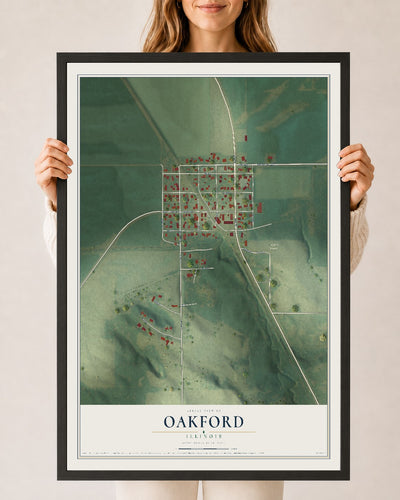 Map of Oakford, Illinois, 24 x 36 inch print in a black wood frame
