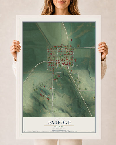 Map of Oakford, Illinois, 24 x 36 inch print in a white wood frame