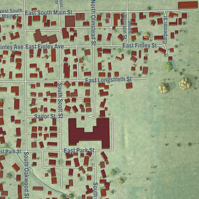 Close-up of the map of Oakwood, Illinois print showing street and building detail