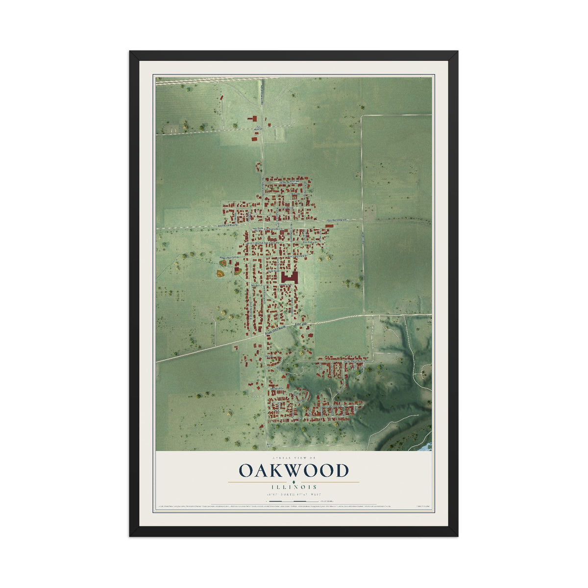 Map of Oakwood, Illinois, 12 x 18 inch print in a black wood frame