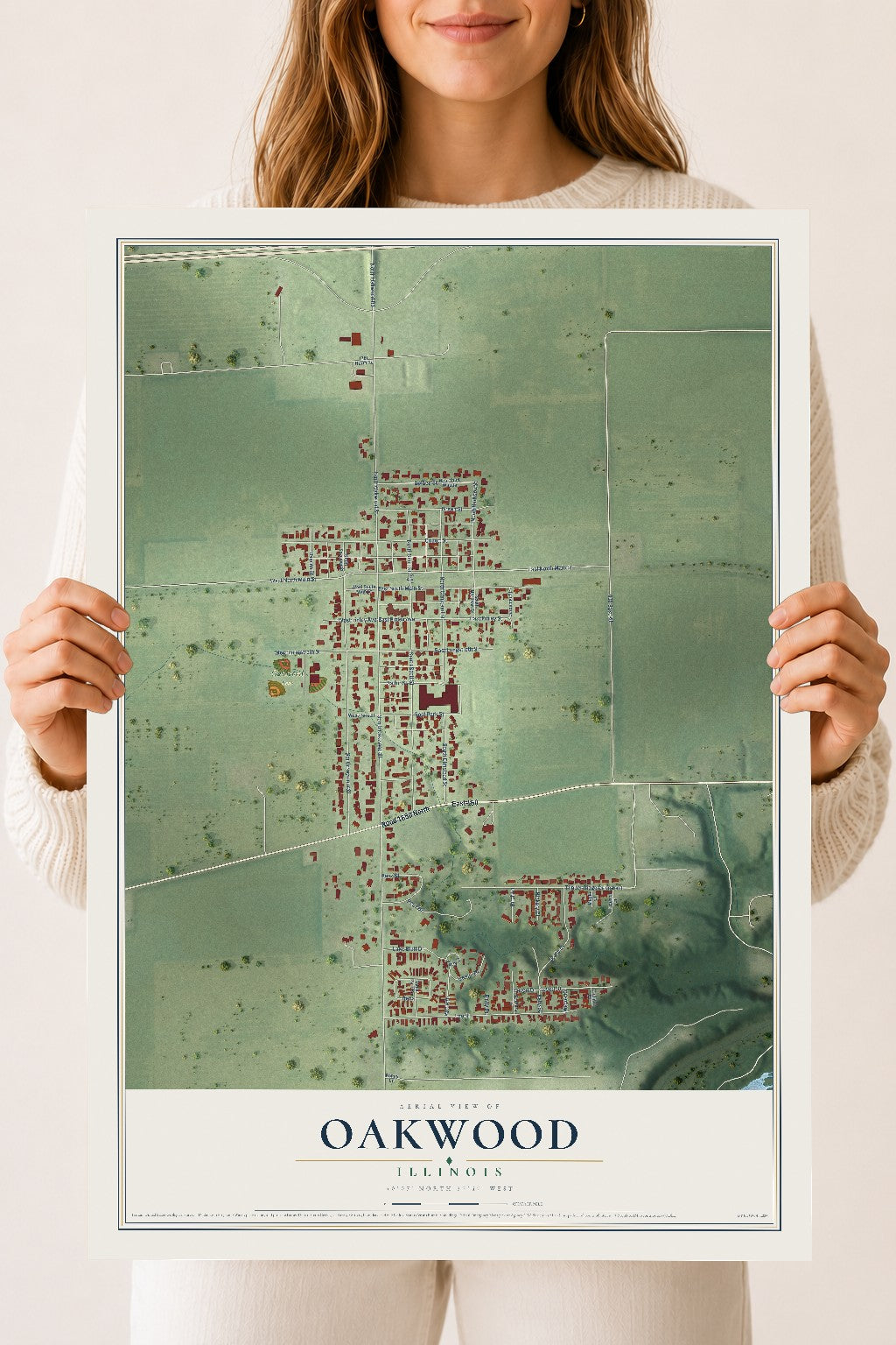 Map of Oakwood, Illinois, 18 x 24 inch unframed archival matte print