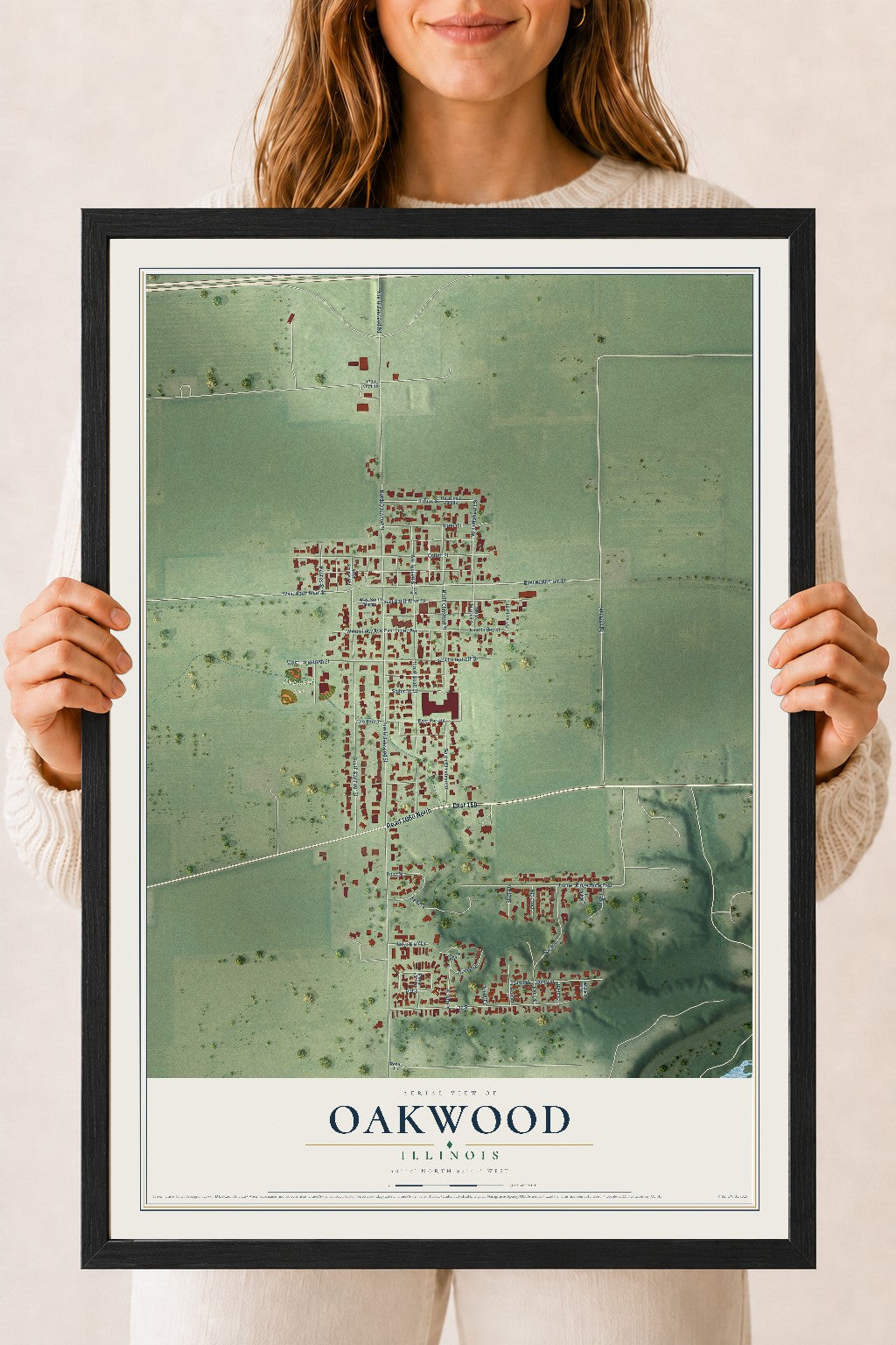 Map of Oakwood, Illinois, 18 x 24 inch print in a black wood frame