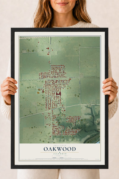 Map of Oakwood, Illinois, 18 x 24 inch print in a black wood frame