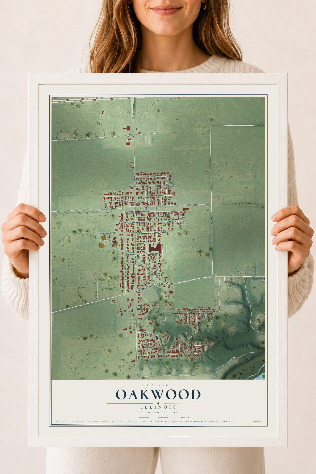 Map of Oakwood, Illinois, 18 x 24 inch print in a white wood frame