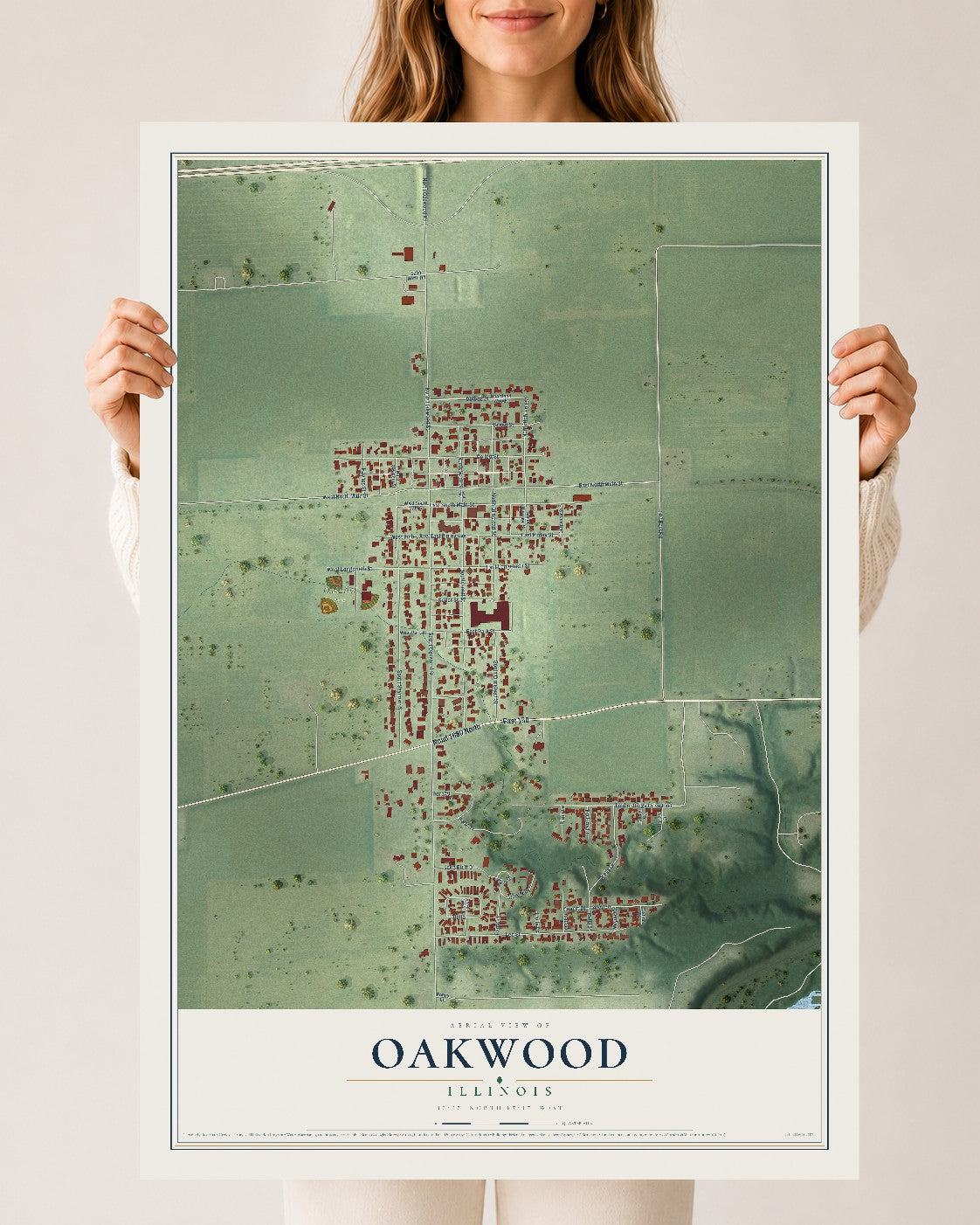 Map of Oakwood, Illinois, 24 x 36 inch unframed archival matte print